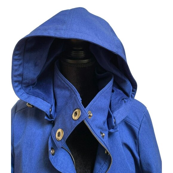Blue Hooded Button-Up Jacket With Adjustable Waist & Snap Closures - Picture 2 of 9